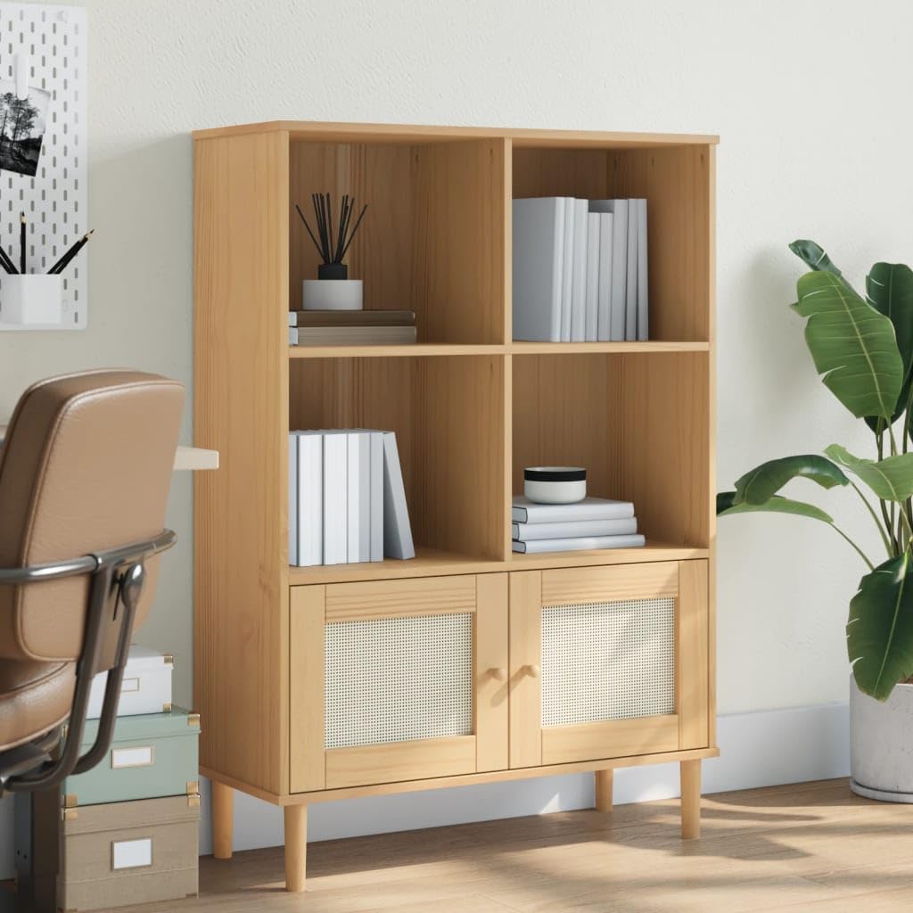 vidaXL SENJA Bookcase - Brown, Free-Standing, Rattan Look Doors, Solid Pine Wood with UV Varnish, 35.4"x13.8"x51.2", Wooden Handles